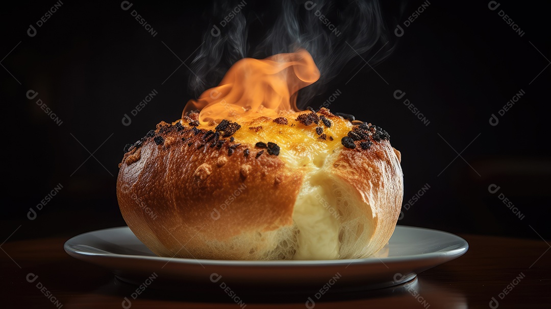 Porção de pão de queijo da culinária mineira assada no forno e servida na mesa, Lanche de queijo e presunto