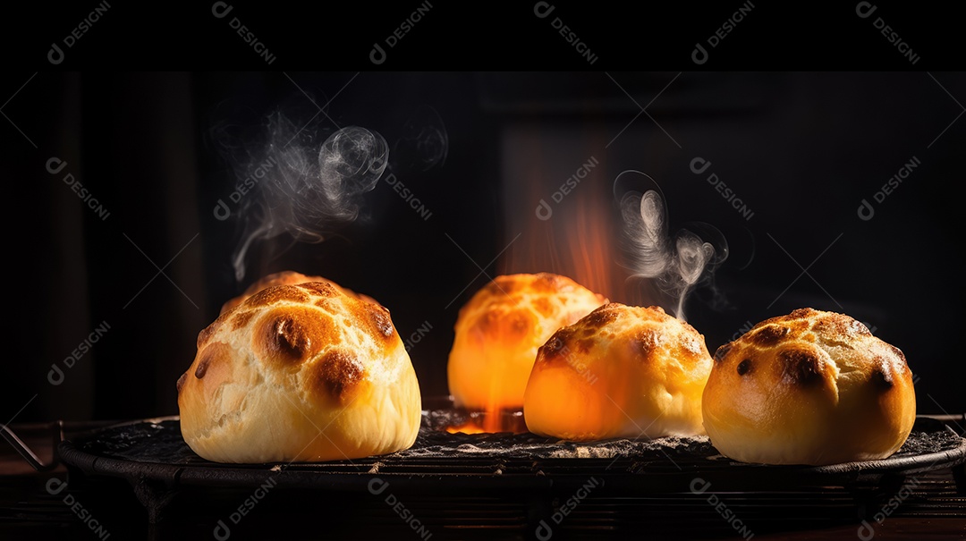 Porção de pão de queijo da culinária mineira assada no forno e servida na mesa, Lanche de queijo e presunto