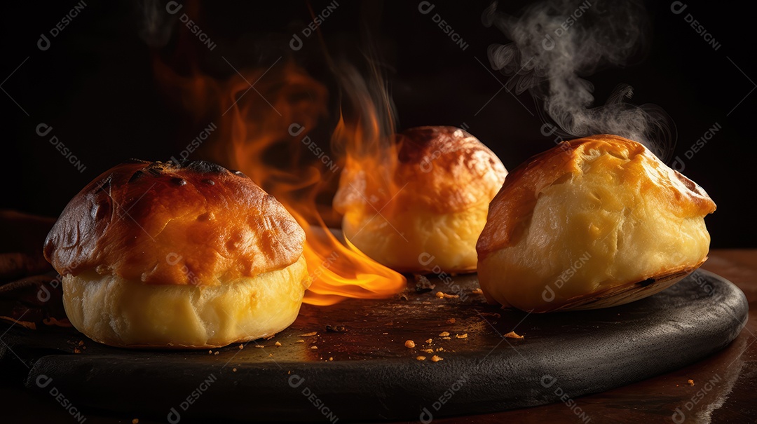 Porção de pão de queijo da culinária mineira assada no forno e servida na mesa, Lanche de queijo e presunto