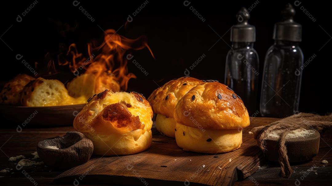 Porção de pão de queijo da culinária mineira assada no forno e servida na mesa, Lanche de queijo e presunto