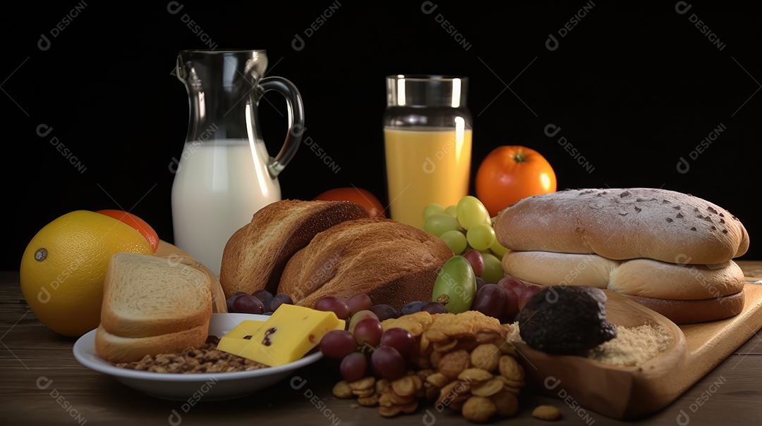 Mesa de café da manhã completa com detalhes, com pães, bolos, frutas, pão de queijo, cereais, leite, café e sucos