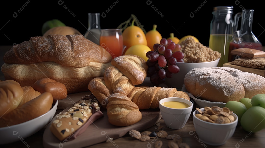 Mesa de café da manhã completa com detalhes, com pães, bolos, frutas, pão de queijo, cereais, leite, café e sucos