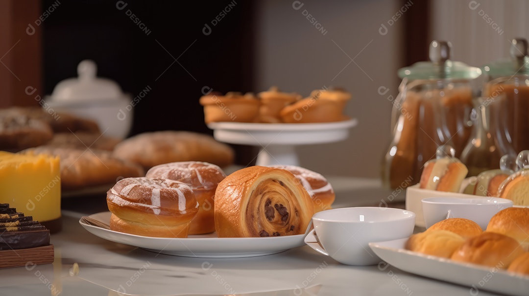 Mesa de café da manhã completa com detalhes, com pães, bolos, frutas, pão de queijo, cereais, leite, café e sucos