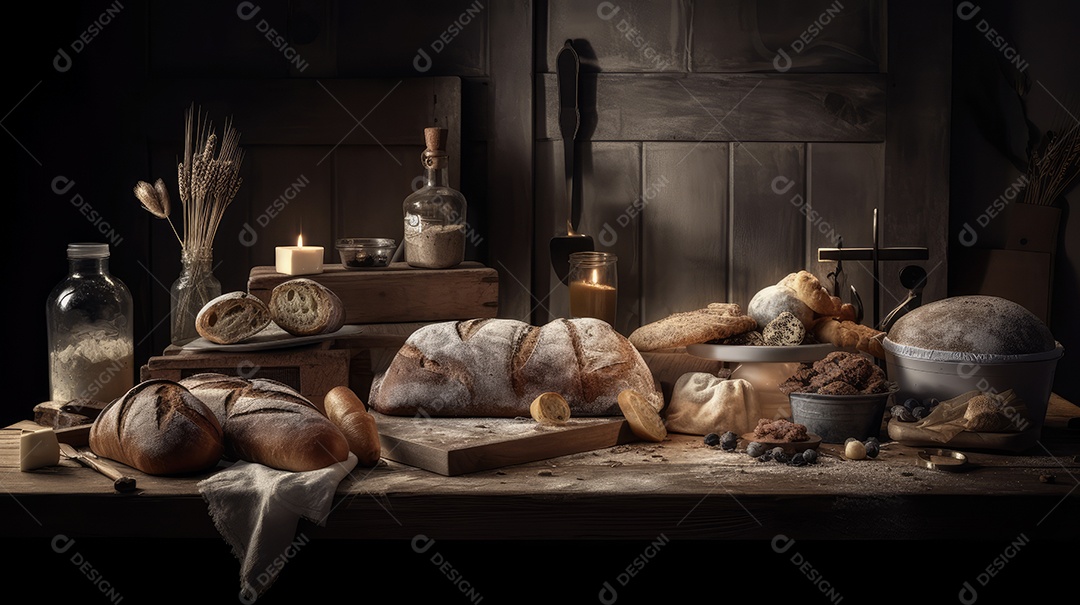 Vários tipos de pão italiano em uma mesa rústica para café da manhã e lanche da tarde