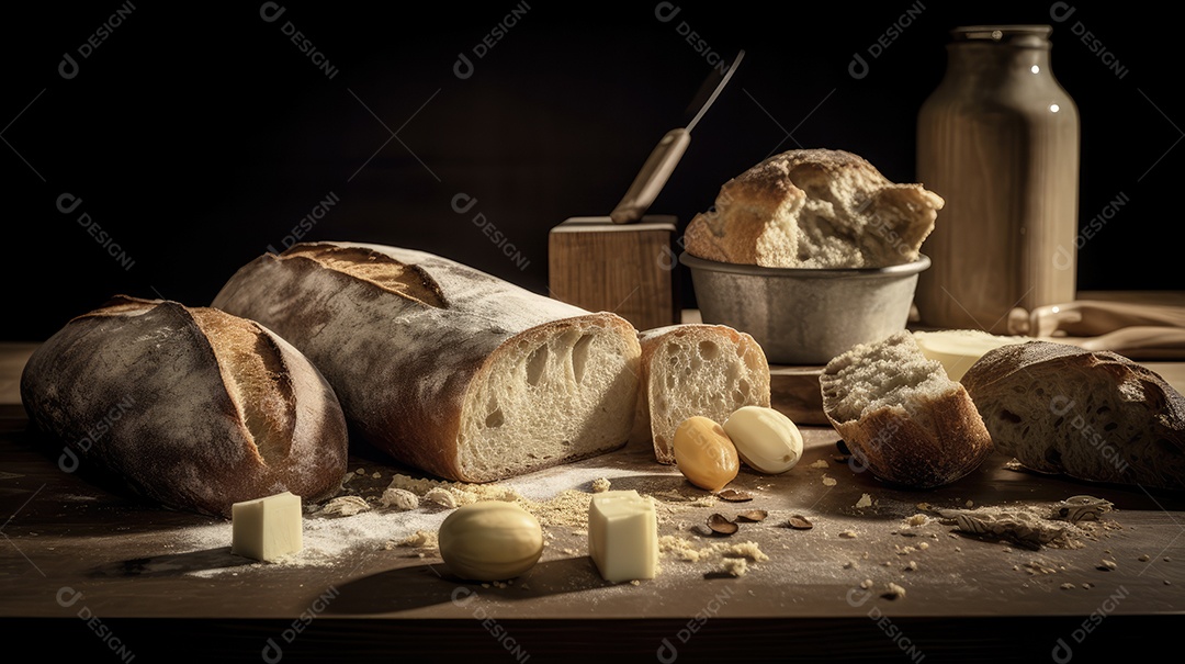 Pães italianos em uma mesa rústica para café da manhã e lanche da tarde