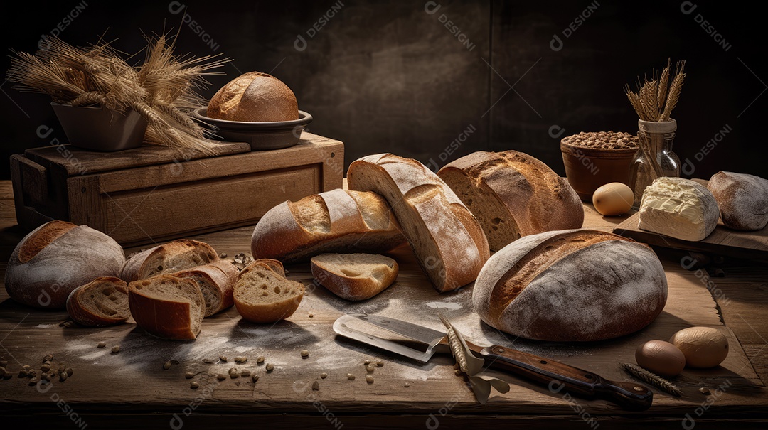 Pães italianos em uma mesa rústica para café da manhã e lanche da tarde