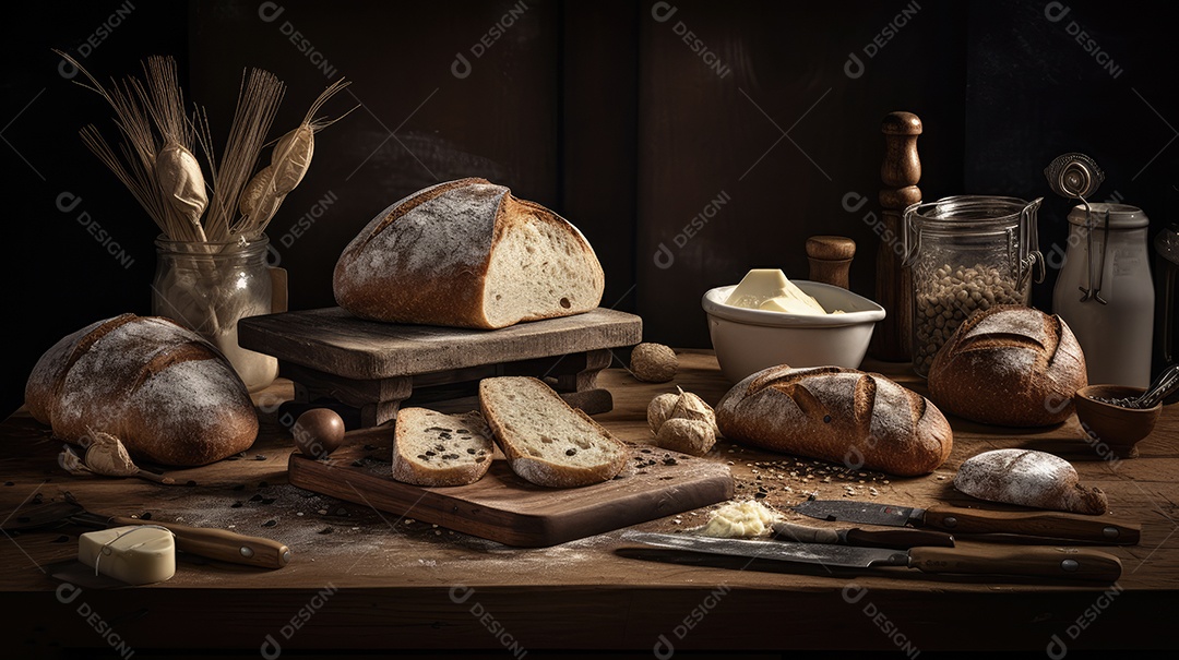 Pães italianos em uma mesa rústica para café da manhã e lanche da tarde