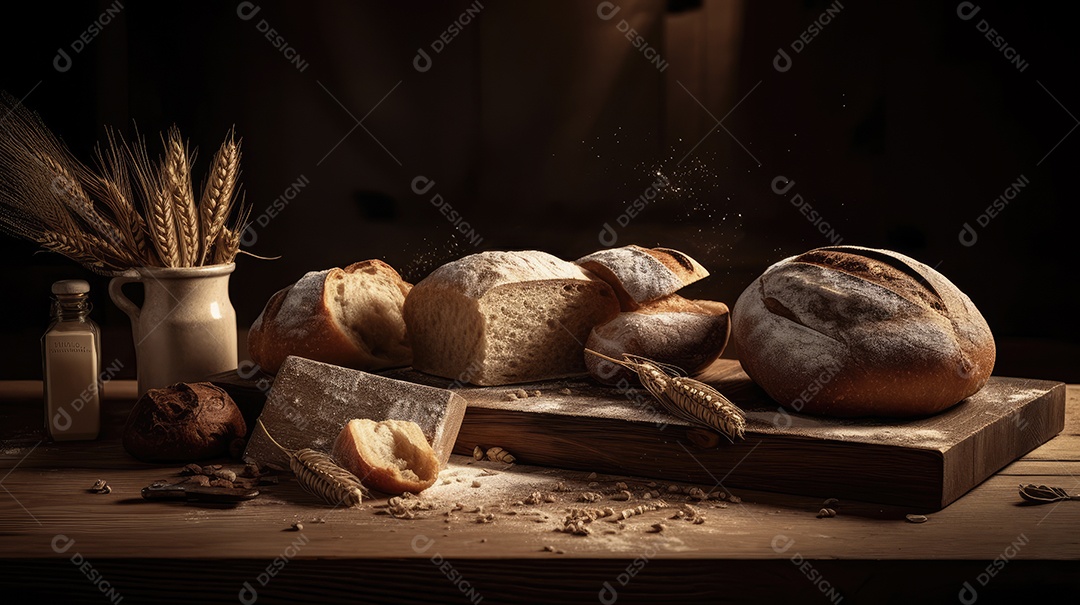Pães italianos em uma mesa rústica para café da manhã e lanche da tarde