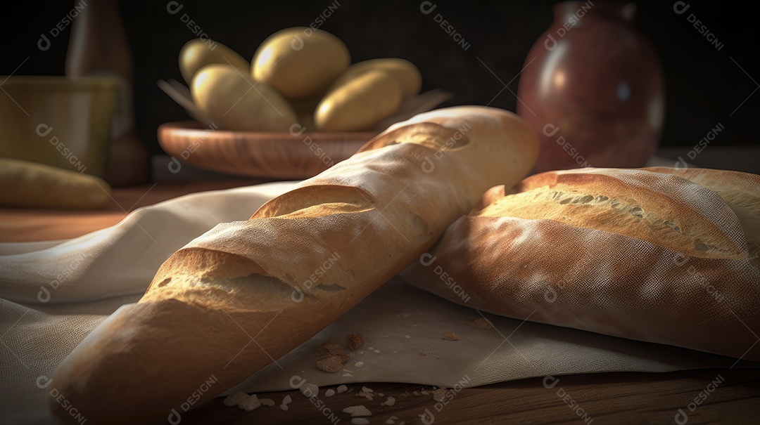 Pães italianos em uma mesa rústica para café da manhã e lanche da tarde