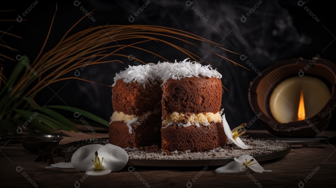 Delicioso bolo de chocolate com recheio de coco e leite condensado, calda e cobertura cremosa e decoração delicada