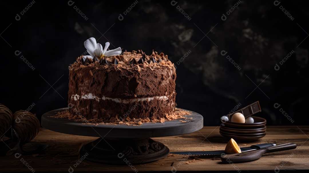Delicioso bolo de chocolate com recheio de coco e leite condensado, calda e cobertura cremosa e decoração delicada