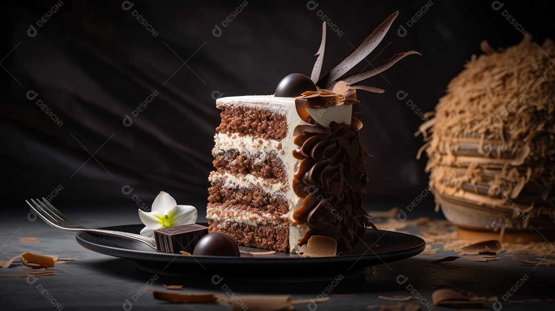 Delicioso bolo de chocolate com recheio de coco e leite condensado, calda e cobertura cremosa e decoração delicada