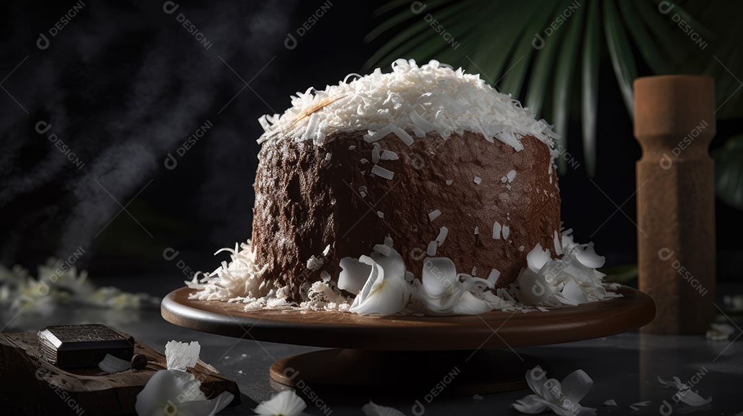 Delicioso bolo de chocolate com recheio de coco e leite condensado, calda e cobertura cremosa e decoração delicada