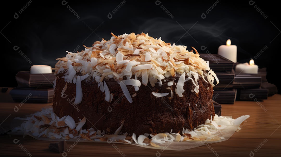 Delicioso bolo de chocolate com recheio de coco e leite condensado, calda e cobertura cremosa e decoração delicada
