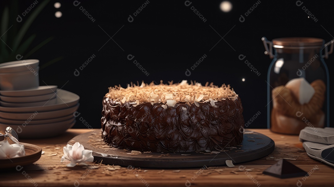 Delicioso bolo de chocolate com recheio de coco e leite condensado, calda e cobertura cremosa e decoração delicada