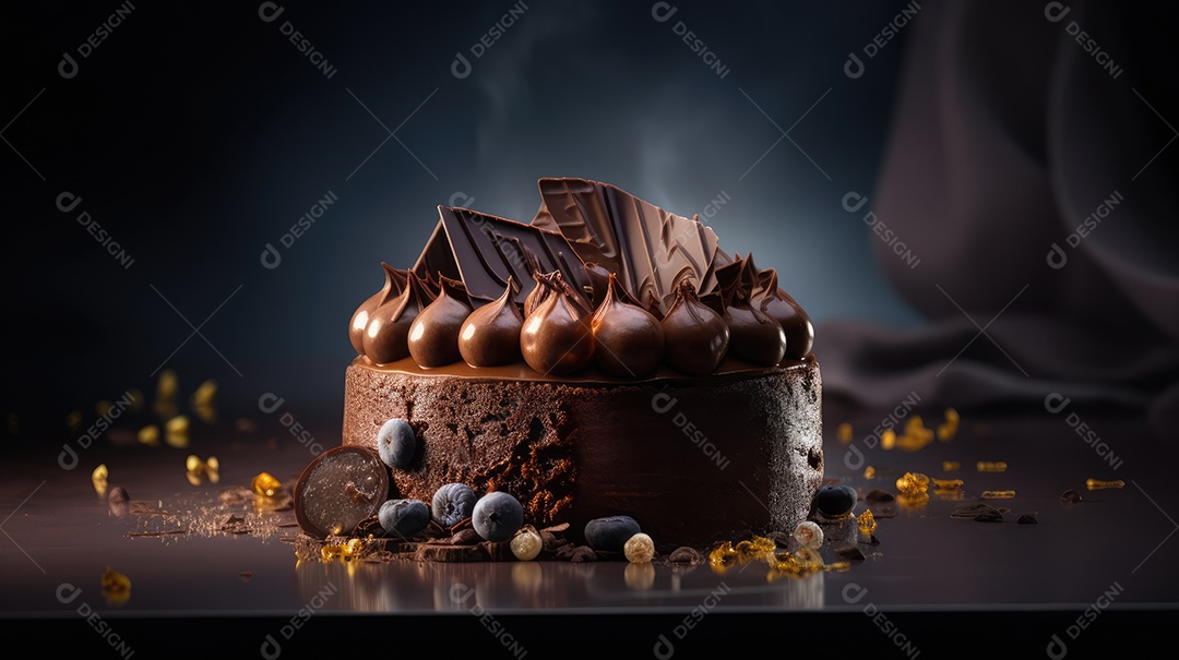 Delicioso bolo de chocolate com recheio de coco e leite condensado, calda e cobertura cremosa e decoração delicada