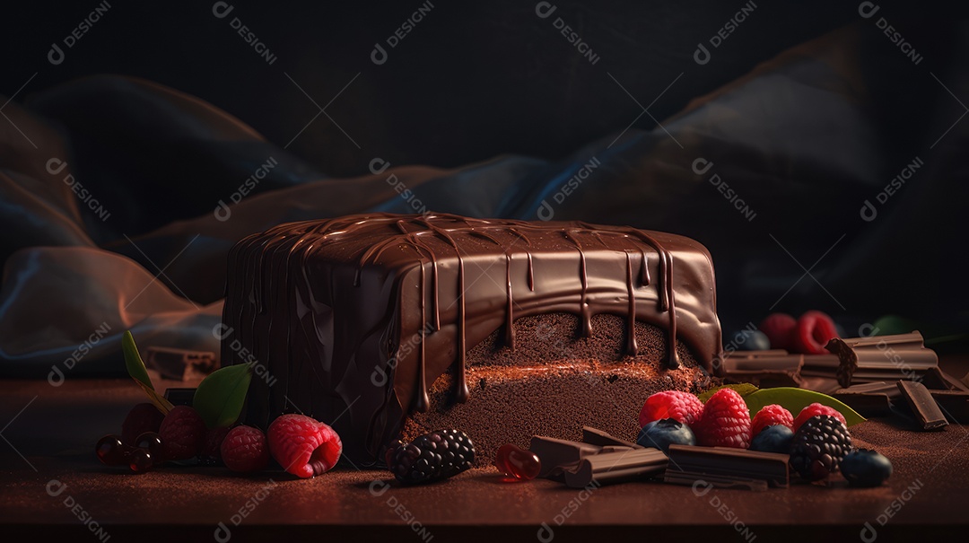 Delicioso bolo de chocolate com recheio de coco e leite condensado, calda e cobertura cremosa e decoração delicada