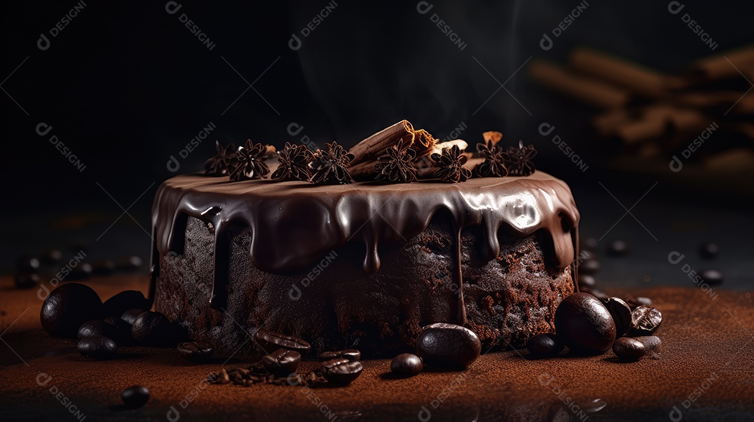 Delicioso bolo de chocolate com recheio de coco e leite condensado, calda e cobertura cremosa e decoração delicada