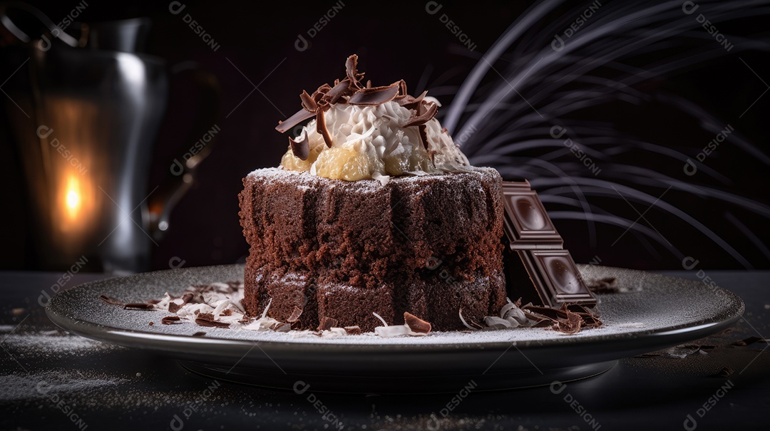 Delicioso bolo de chocolate com recheio de coco e leite condensado, calda e cobertura cremosa e decoração delicada