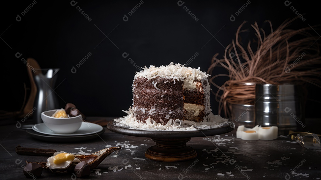 Delicioso bolo de chocolate com recheio de coco e leite condensado, calda e cobertura cremosa e decoração delicada
