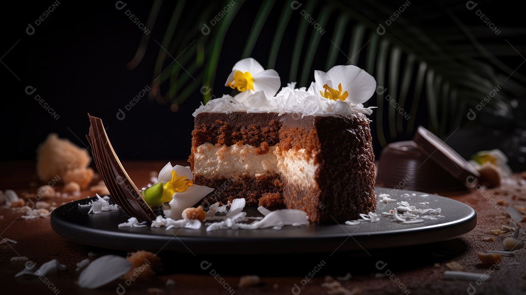 Delicioso bolo de chocolate com recheio de coco e leite condensado, calda e cobertura cremosa e decoração delicada