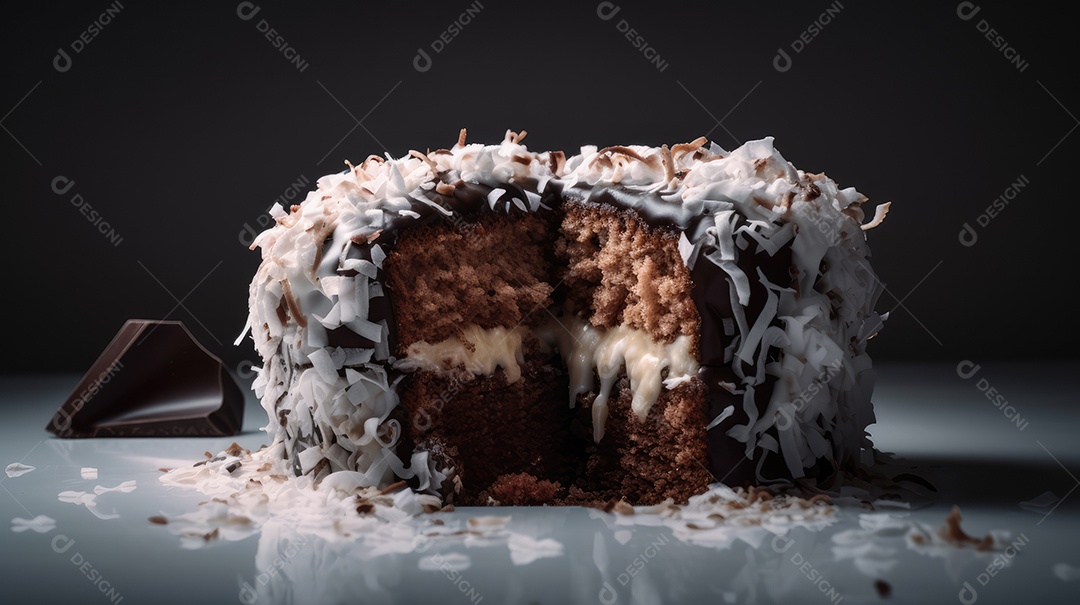 Delicioso bolo de chocolate com recheio de coco e leite condensado, calda e cobertura cremosa e decoração delicada