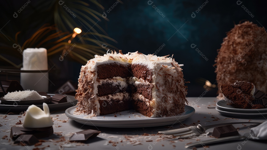 Delicioso bolo de chocolate com recheio de coco e leite condensado, calda e cobertura cremosa e decoração delicada