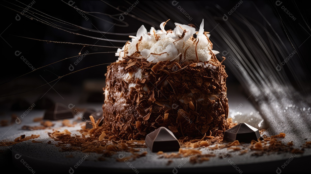 Delicioso bolo de chocolate com recheio de coco e leite condensado, calda e cobertura cremosa e decoração delicada