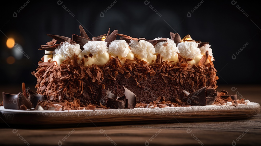 Delicioso bolo de chocolate com recheio de coco e leite condensado, calda e cobertura cremosa e decoração delicada