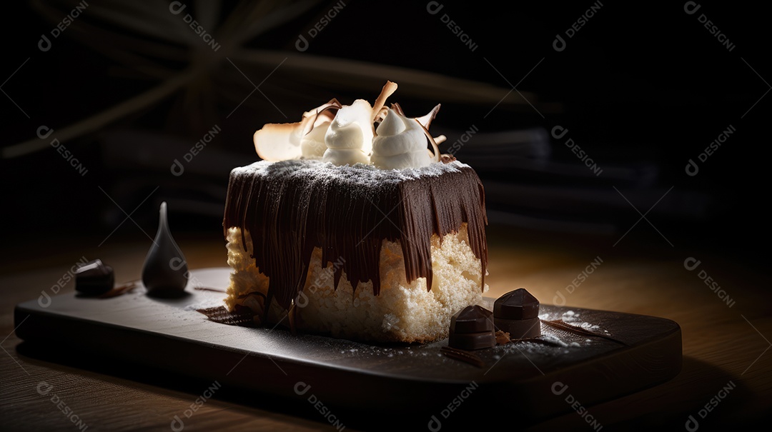 Delicioso bolo de chocolate com recheio de coco e leite condensado, calda e cobertura cremosa e decoração delicada