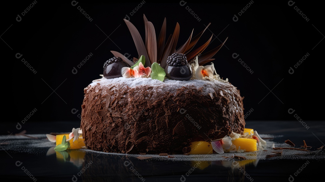 Delicioso bolo de chocolate com recheio de coco e leite condensado, calda e cobertura cremosa e decoração delicada