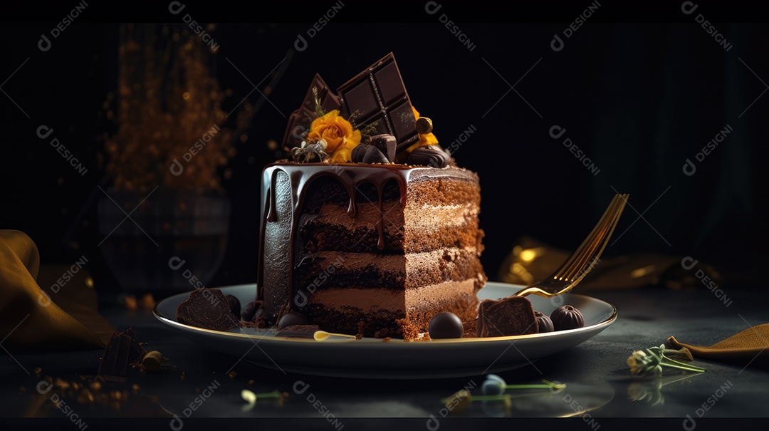 Delicioso bolo de chocolate com recheio de coco e leite condensado, calda e cobertura cremosa e decoração delicada