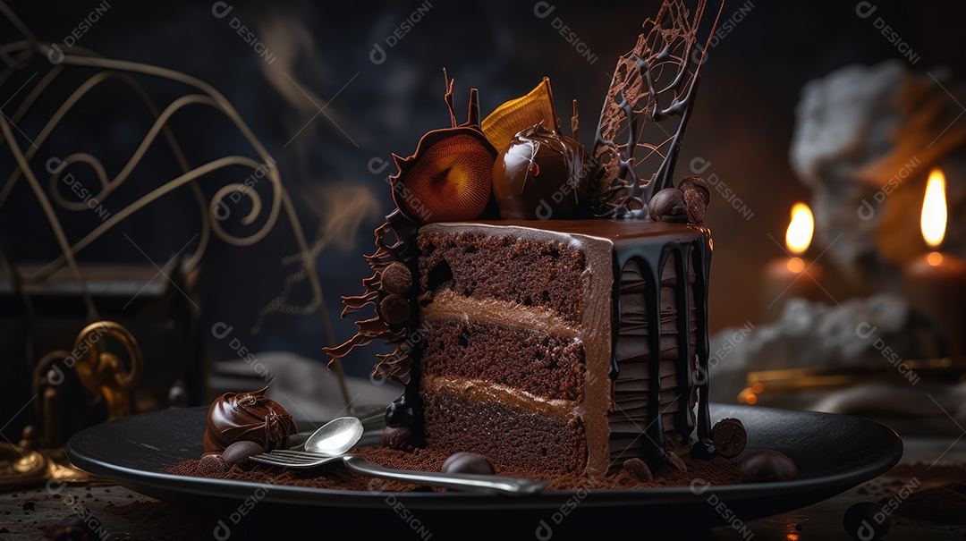 Delicioso bolo de chocolate com recheio de coco e leite condensado, calda e cobertura cremosa e decoração delicada