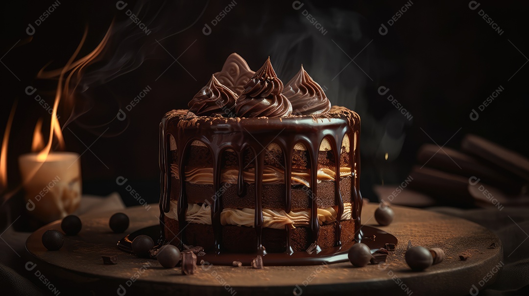Delicioso bolo de chocolate com recheio de coco e leite condensado, calda e cobertura cremosa e decoração delicada