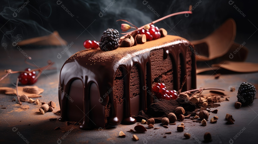 Delicioso bolo de chocolate com recheio de coco e leite condensado, calda e cobertura cremosa e decoração delicada