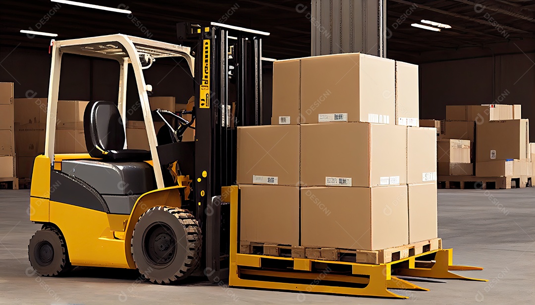 Empilhadeira carrega paletes e caixas no armazém.