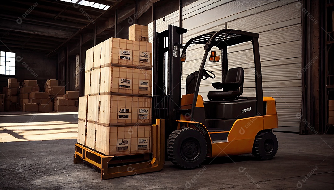 Empilhadeira carrega paletes e caixas no armazém.