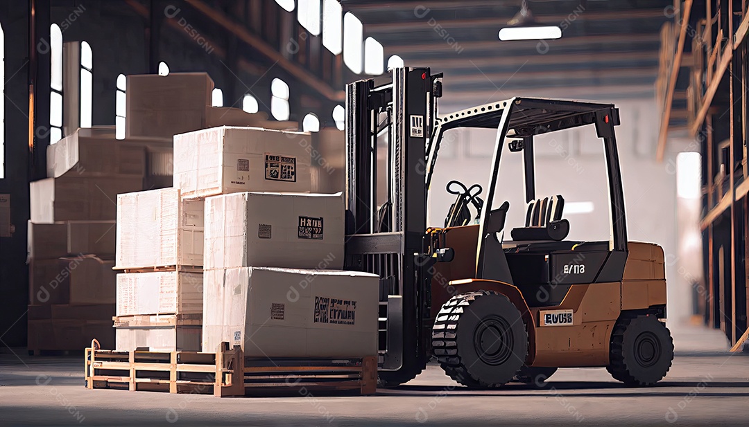 Empilhadeira carrega paletes e caixas no armazém.