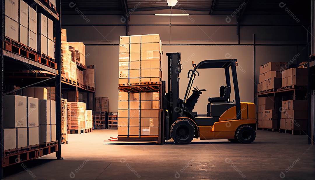 Empilhadeira carrega paletes e caixas no armazém.