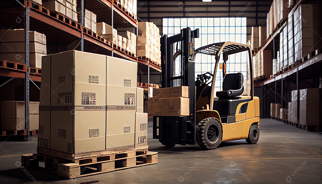 Empilhadeira carrega paletes e caixas no armazém.