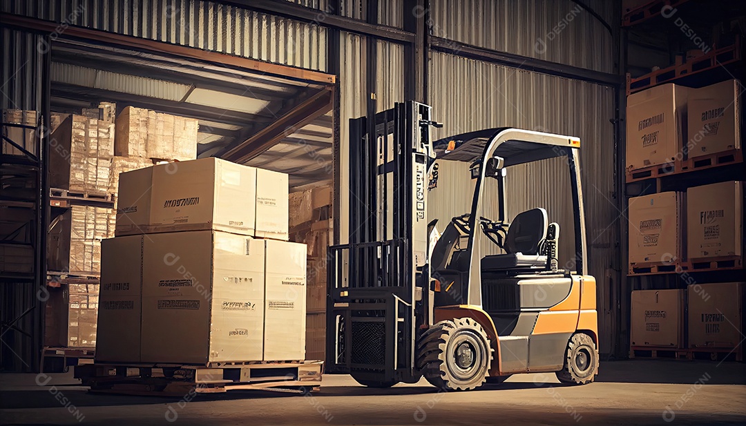 Empilhadeira carrega paletes e caixas no armazém.