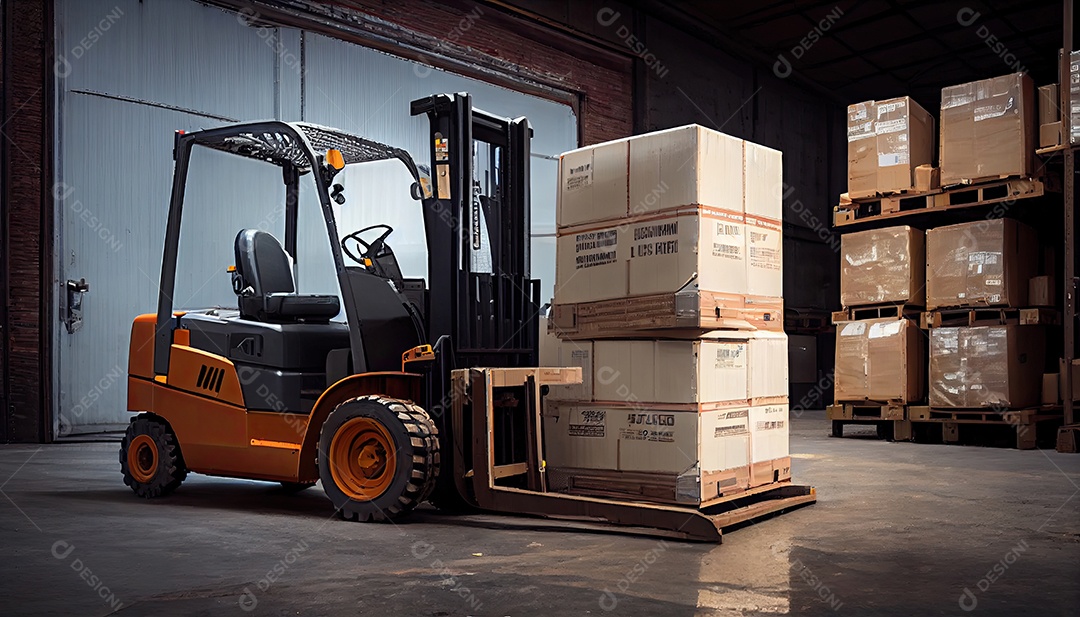 Empilhadeira carrega paletes e caixas no armazém.