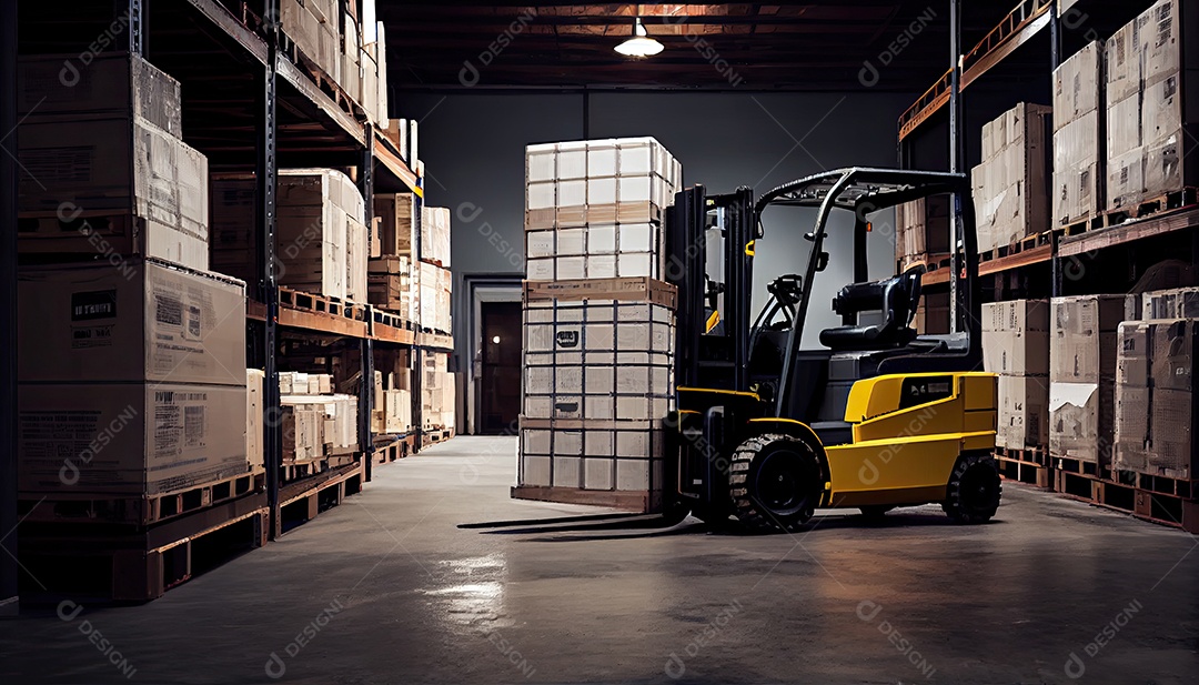Empilhadeira carrega paletes e caixas no armazém.