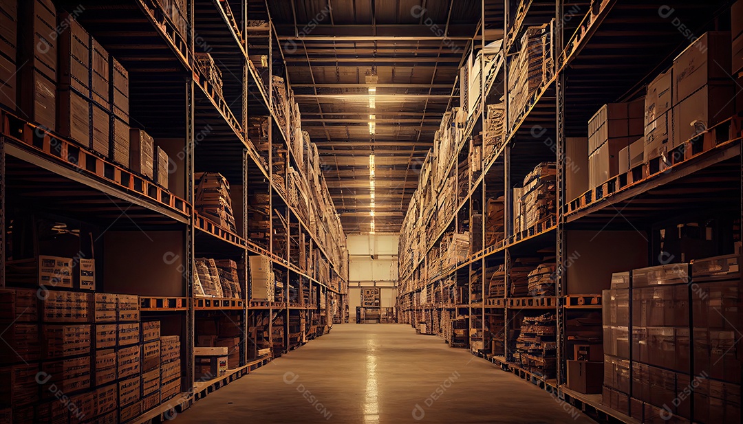 Grande armazém industrial com prateleiras cheias de mercadorias.