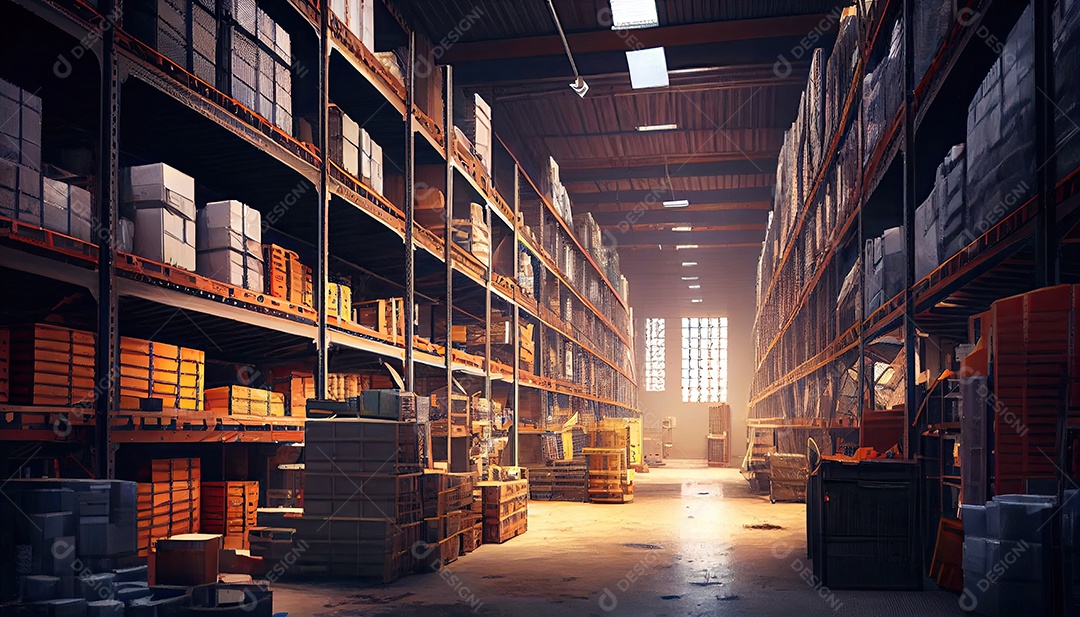 Grande armazém industrial com prateleiras cheias de mercadorias.