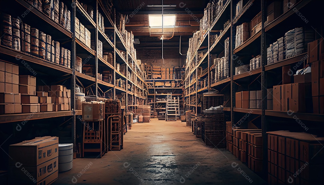 Grande armazém industrial com prateleiras cheias de mercadorias.