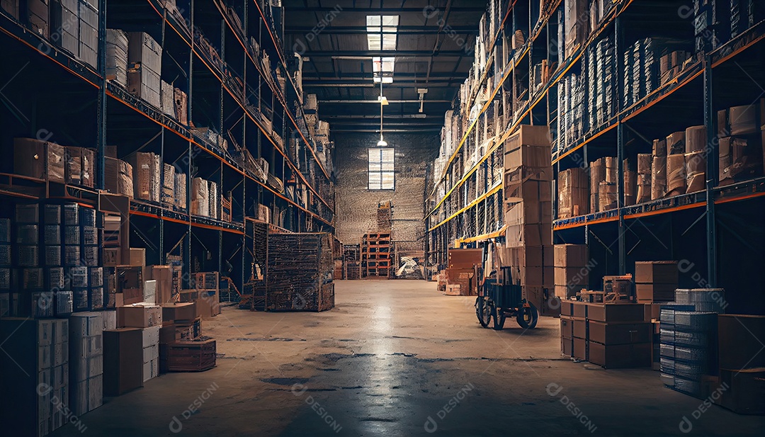 Grande armazém industrial com prateleiras cheias de mercadorias.