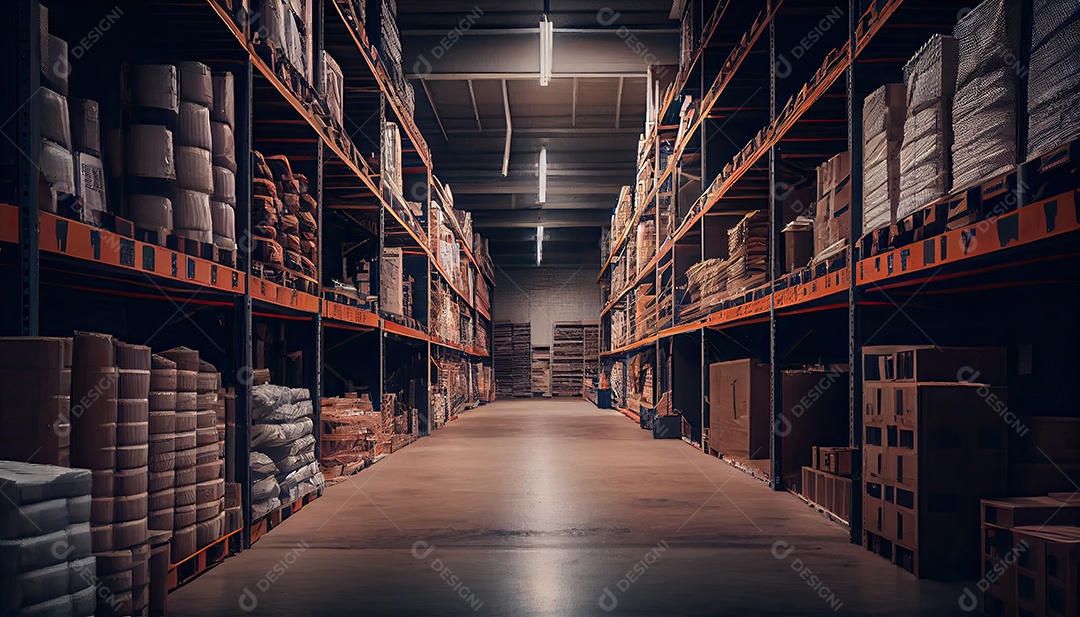 Grande armazém industrial com prateleiras cheias de mercadorias.