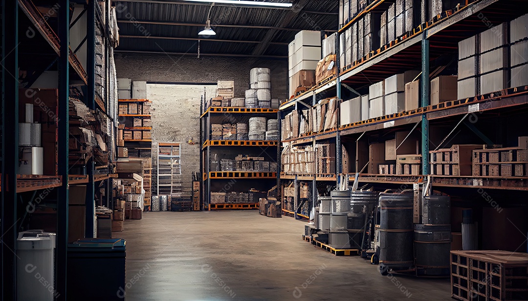 Grande armazém industrial com prateleiras cheias de mercadorias.
