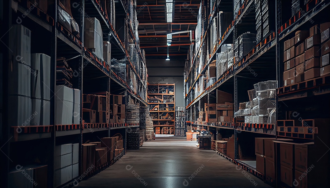 Grande armazém industrial com prateleiras cheias de mercadorias.